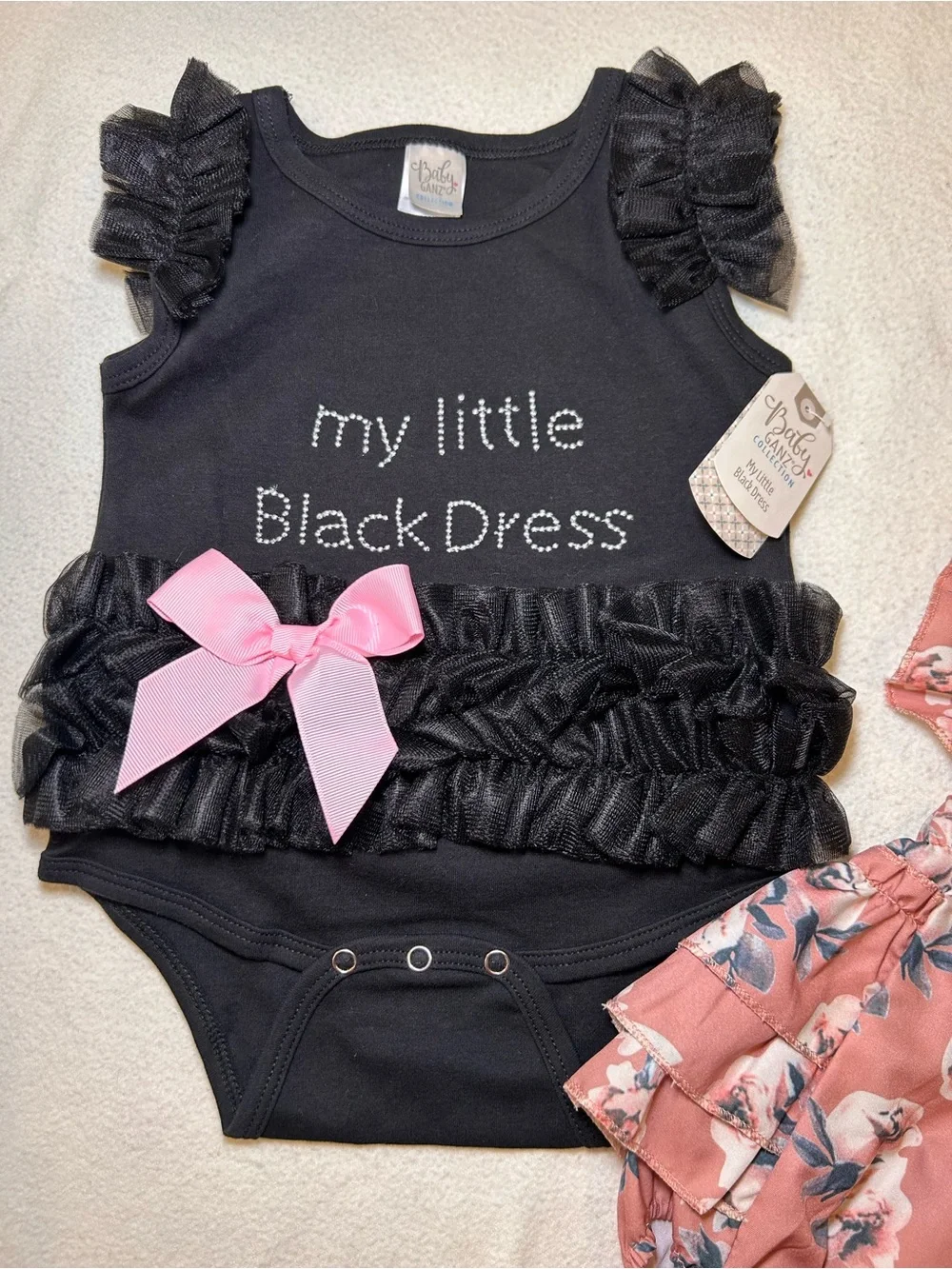 GANZ Baby Girl Black Ruffle Bodysuit & Pink Floral Ruffle One-Piece Set 12-24 Mo